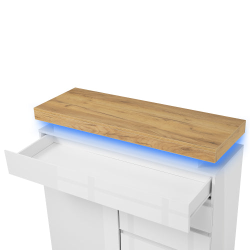 Ladekast, Hoogglans Dressoir met 2 Deuren en 3 Lades, RGB LED App-gestuurd, Multifunctioneel voor Woonkamer en Slaapkamer, 115x110x39 cm, Wit