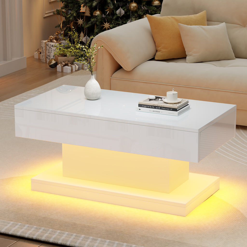 Hoogglans Salontafel met 2 Lades en LED-verlichting, Moderne Woonkamertafel, 100x50x45 cm, Wit