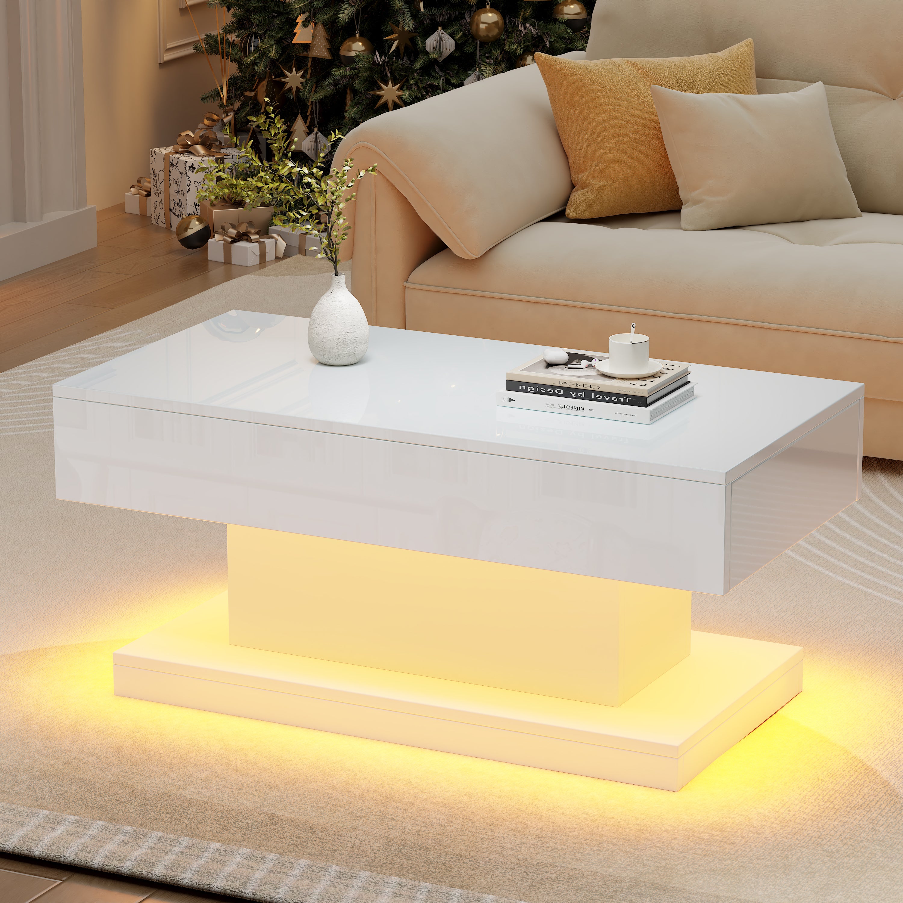 Hoogglans Salontafel met 2 Lades en LED-verlichting, Moderne Woonkamertafel, 100x50x45 cm, Wit