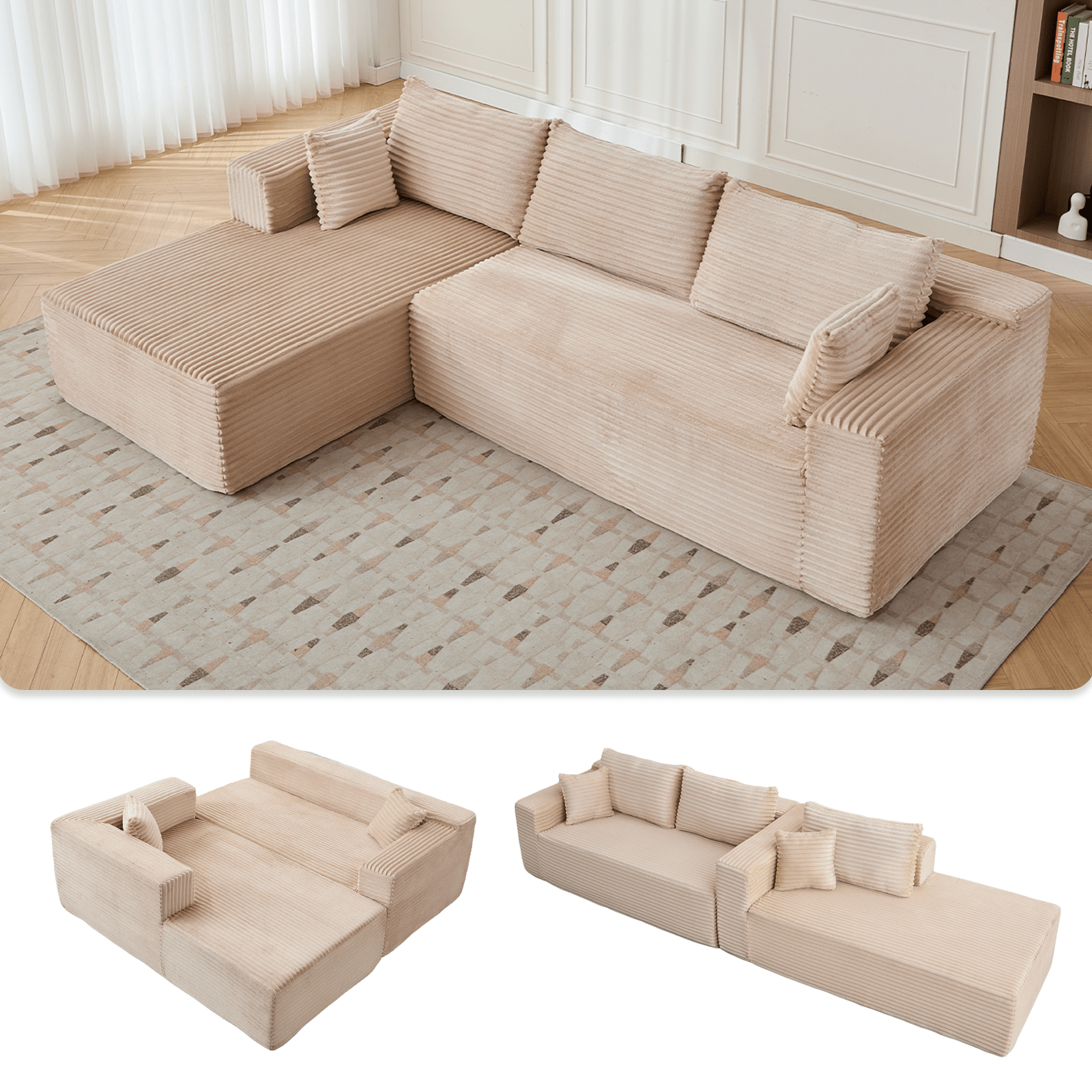 Compression Sectional Couch With Comfy Chaise, Boneless L Shape Sofa With Deep Seat, Minimalist Modular Couches Sleeper For Living Room Bedroom Apartment Lounge,corduroy,Beige - Noventis Home