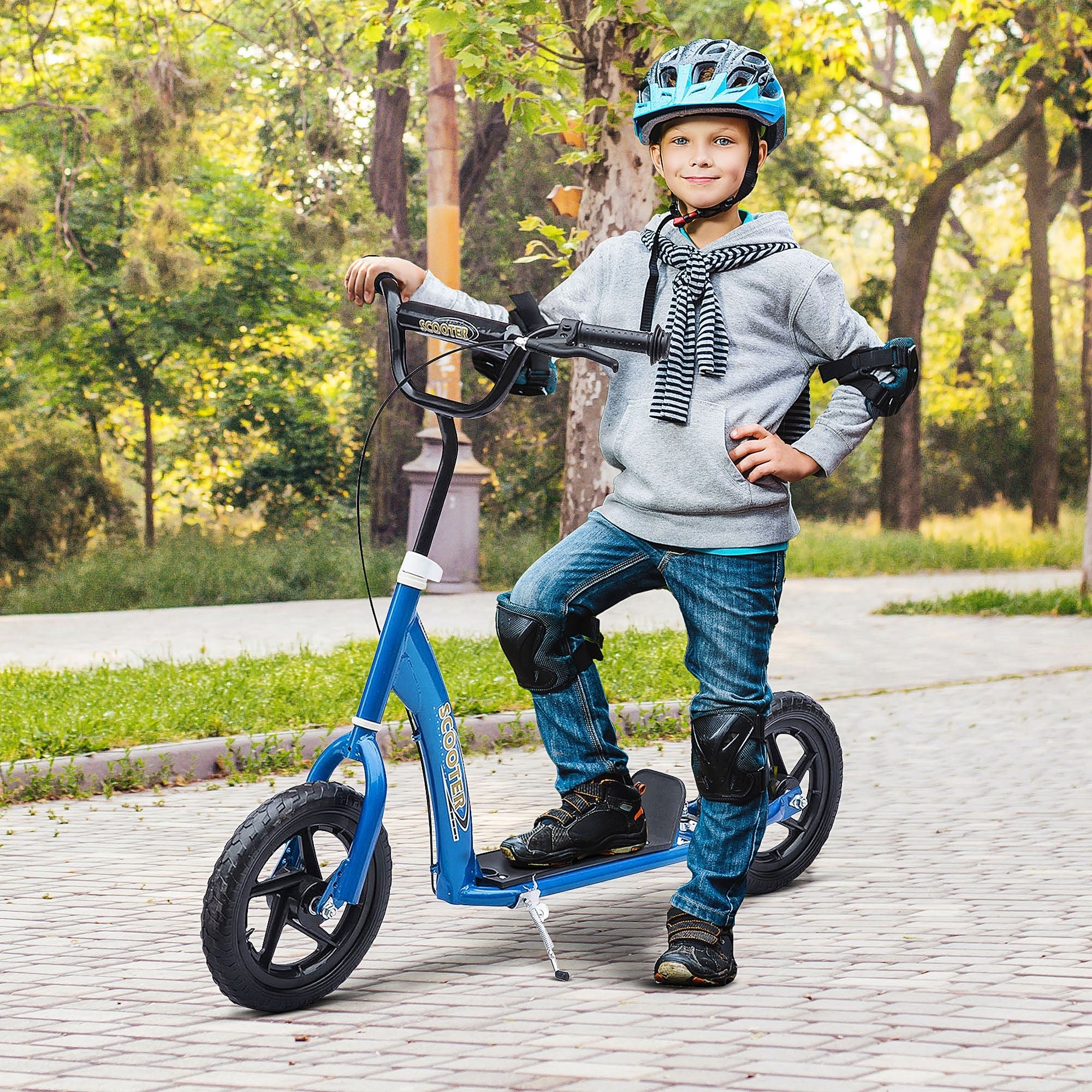 Kids Scooter Kick Scooter, With 12" EVA Tyres, Rear Brake, Big Wheels Scooter For 5 - 12 Years , Blue - Noventis Home