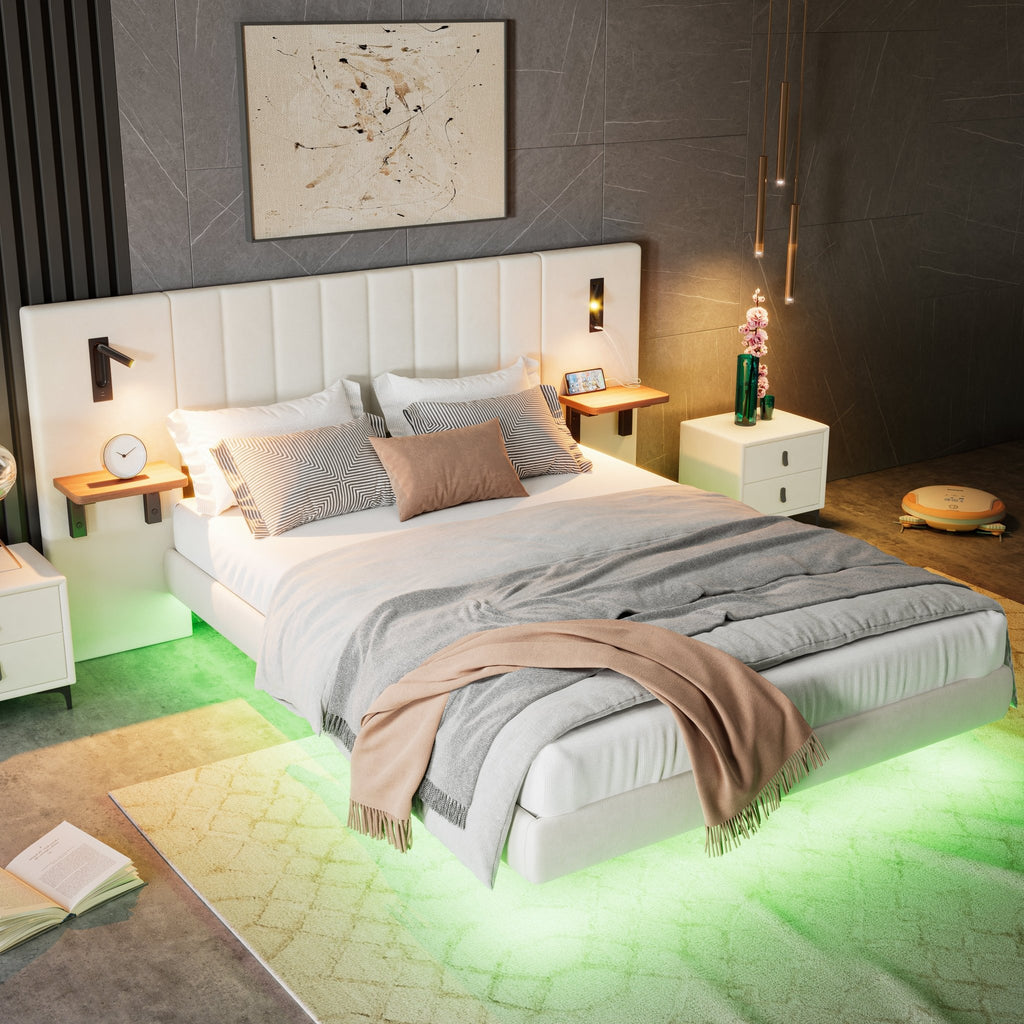 Upholstered Bed, Adults Teenagers King Bed 150x200cm, 2 Bedside Lamps, Headboard Storage Function, With Charging Socket, With Light Strip Under The Bed,Soft Headboard, Velvet - Iron, White - Noventis Home