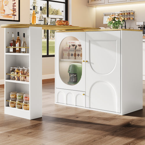 360° Draaibare Bartafel 138x39x105 cm, Koffiebar Meubel, Draaibare Eettafel met Opbergruimte, Keukeneiland, 2 Deuren met Planken, Wit
