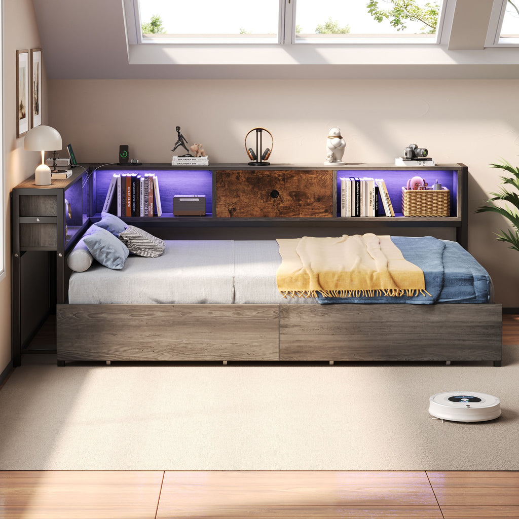 3ft Single Metal And Wood Bed With RGB LED Lights & Charging Station USB & Type - C, Built - in Shelves And Bedside Storage, Two Storage Drawers, Two Assembly Methods, Grey, Rustic Brown No Mattress - Noventis Home