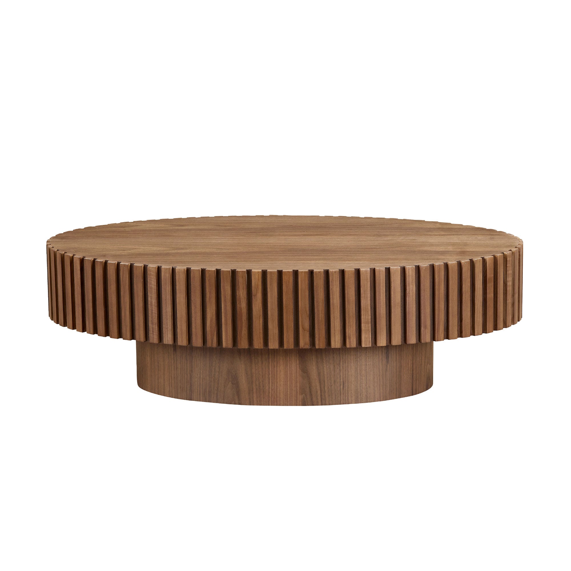 Modern Handcraft Drum Coffee Table Length 43.7 Inch Ellipse Coffee Table For Living Room,Oval Small Coffee Table With Sturdy Pedestal,Walnut MDF - Noventis Home
