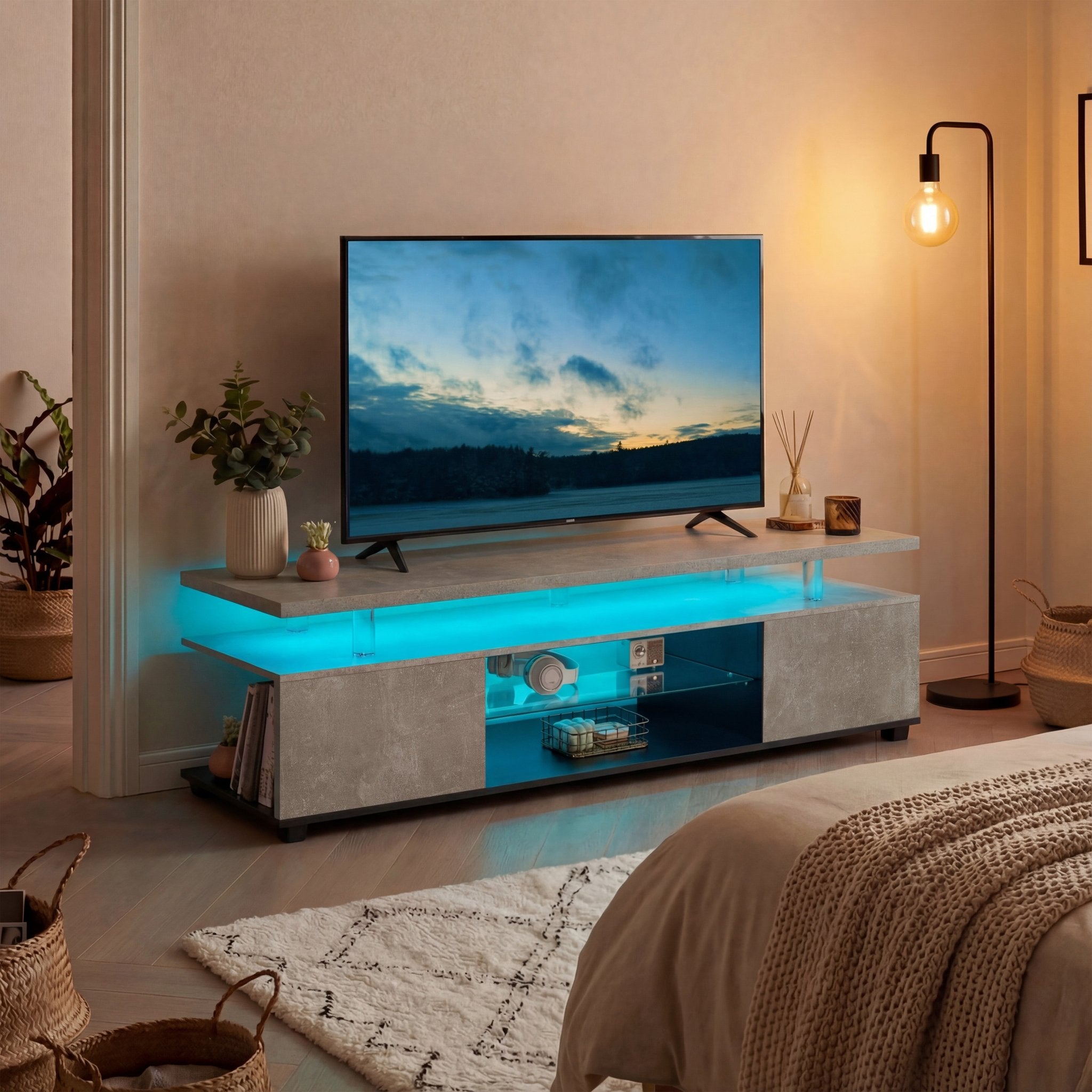 TV Stand For 70 Inch TV LED Gaming Entertainment Center Media Storage Console Table With Large Side Cabinet For Living Room Gray - Noventis Home