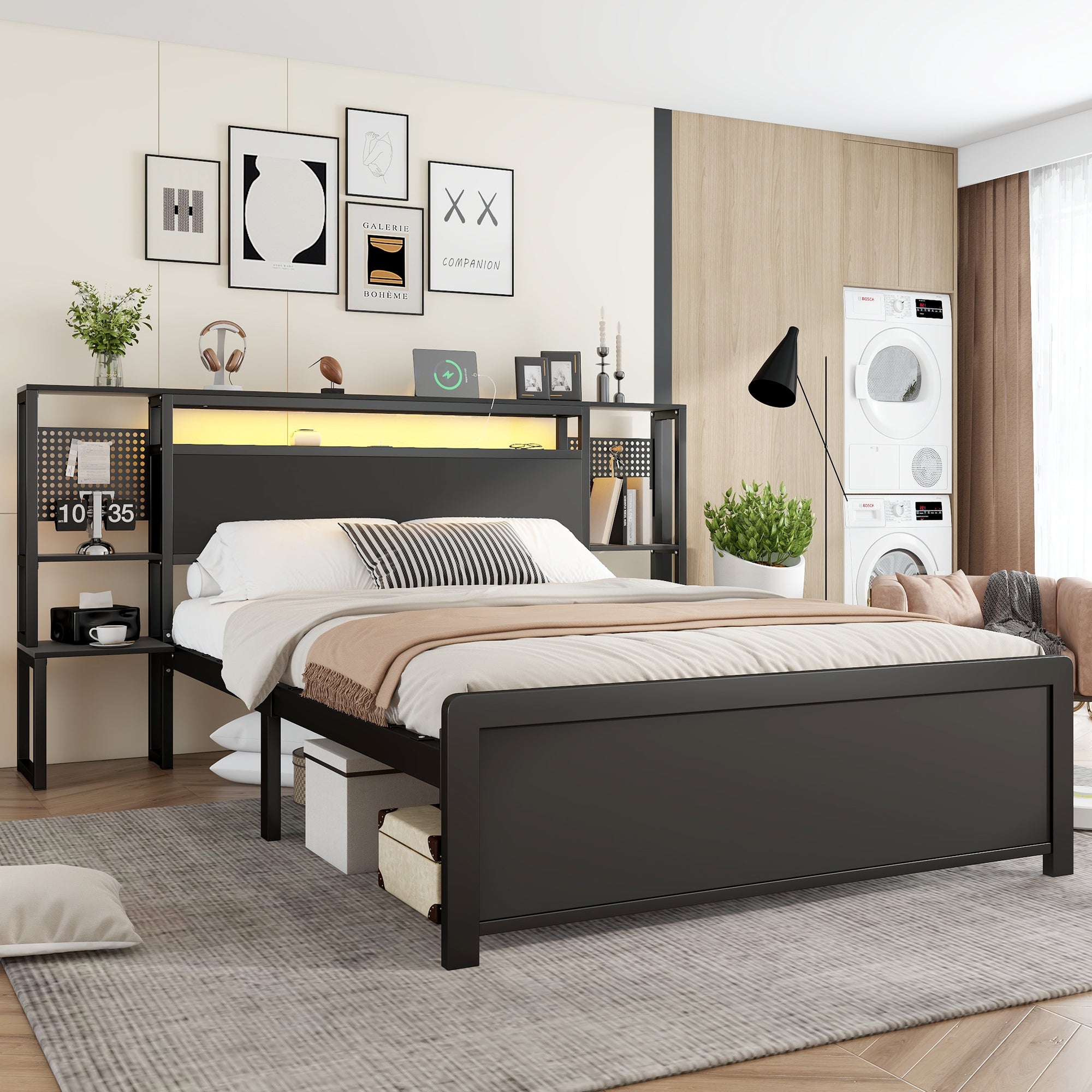Metal Bed, Iron Bed, 4ft6 Double Bed 135x190cm, With Multi - color LED Strip Lights And Charging Port 2 A - type And 1 C - type, One - piece Bedside Table, Black - Noventis Home