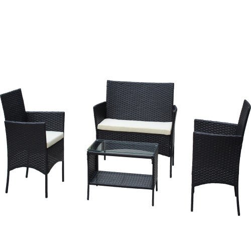 4 PC Rattan Patio Furniture Set Outdoor Patio Cushioned Seat Wicker Sofa Beige Cushion - Noventis Home