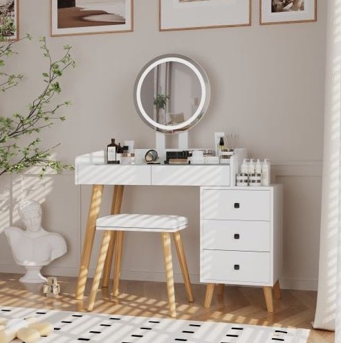 Kaptafel met LED - verlichting, Glazen Blad, Uitschuifbare Zijtafel, 5 Lades, Spiegel en Kruk voor Slaapkamer - Noventis Home