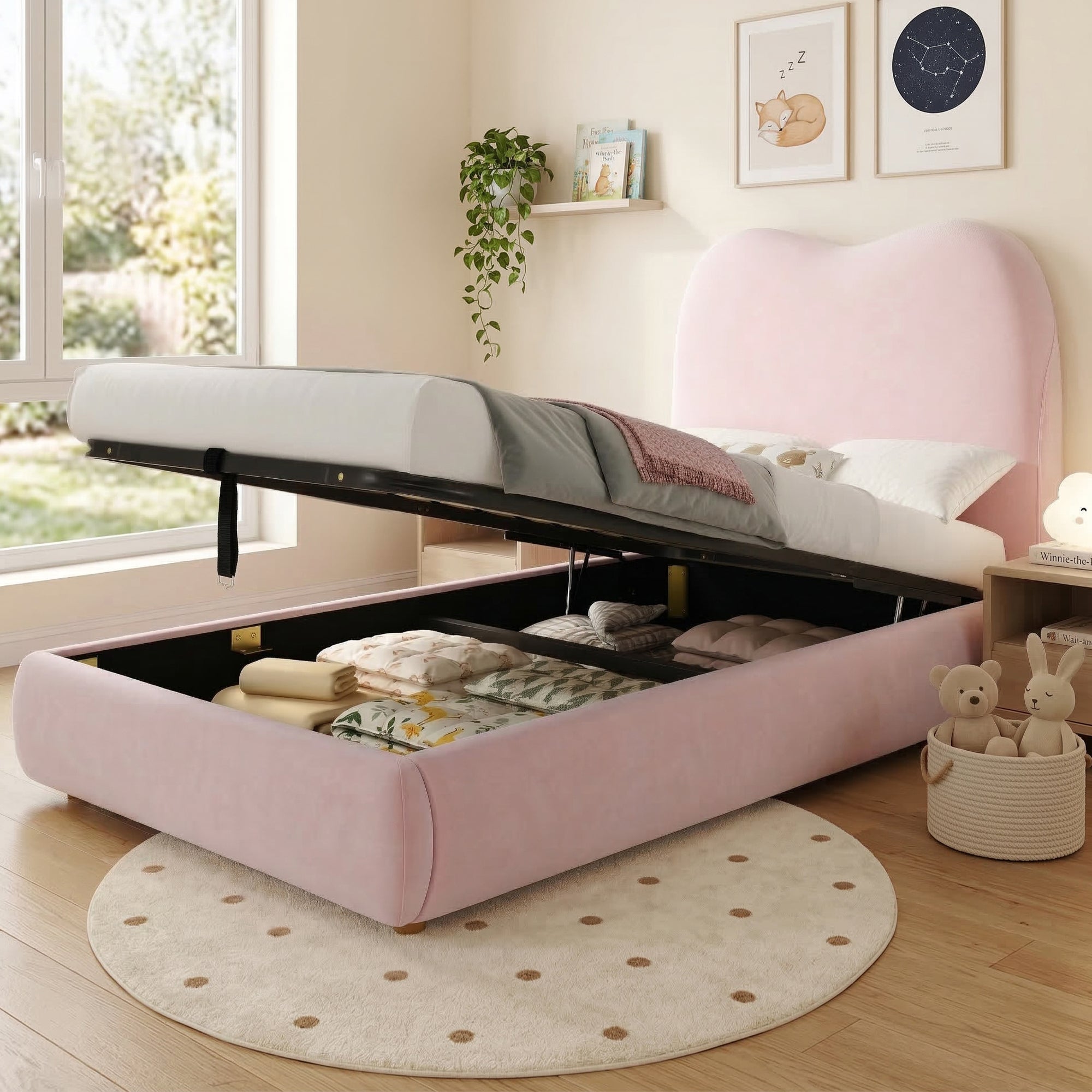 Upholstered Bed, Single Bed, Children's Bed, 3ft - 90 X 190cm, Hydraulic Bed, Bed With Headboard And Large Storage Space, Upholstered Headboard, Velvet, Pink - Noventis Home