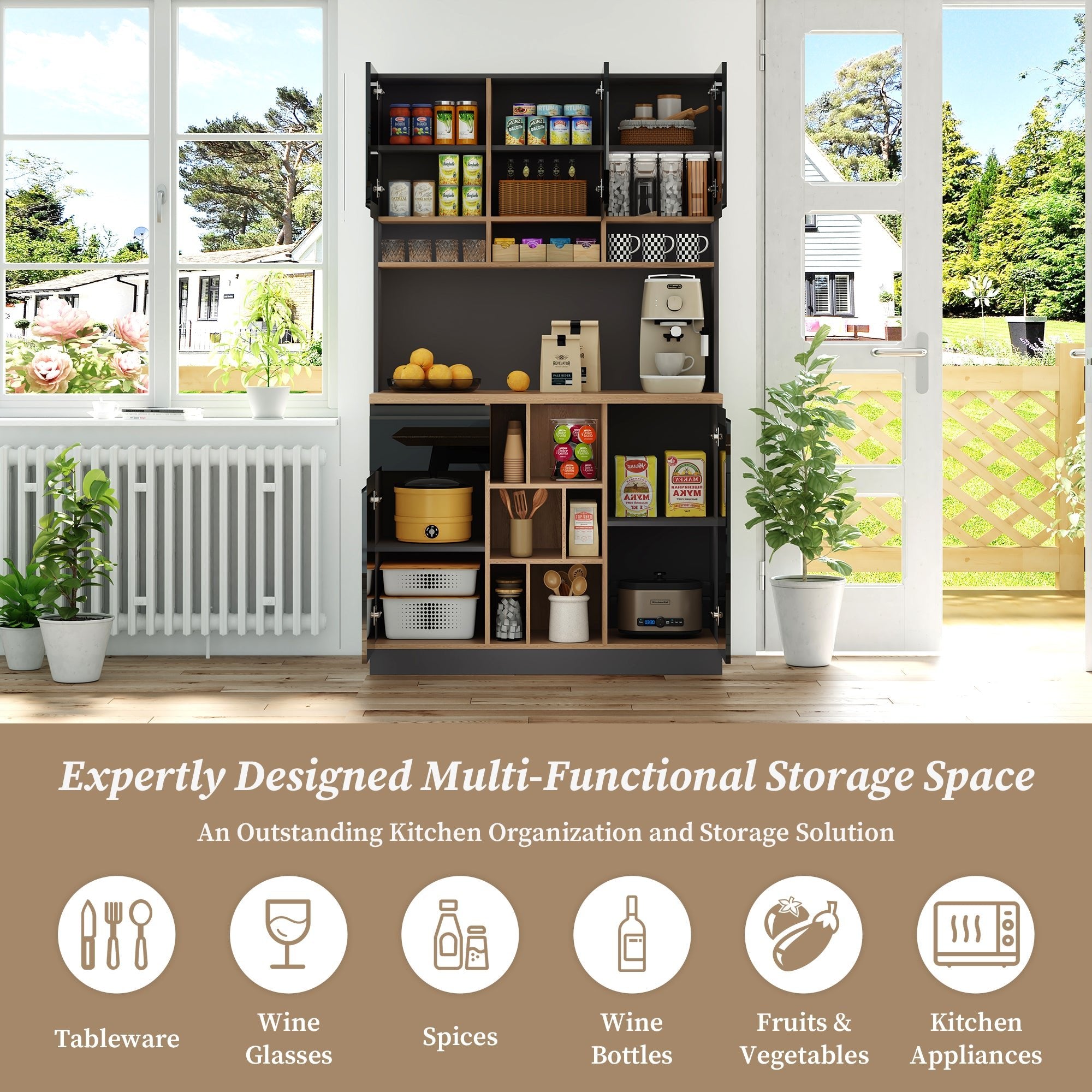 105x45x185 cm Keukenkast Buffetkast, Hoogglans Deuren, Verstelbare Planken, Lades, Open Opbergruimte, Kantelbescherming, Geschikt voor Keuken, Eetkamer en Woonkamer - Noventis Home