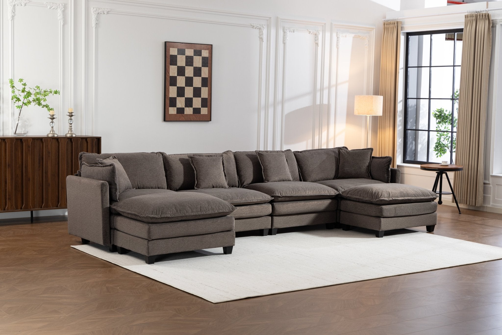Moderne Hoekbank 4 - zitter met 2 Poefs, 379 cm, Modulaire Compressiebank met Lendenkussens, Symmetrische Slaapbank met Chaise Longue voor Woonkamer en Appartement, 3 Kleuren - Noventis Home