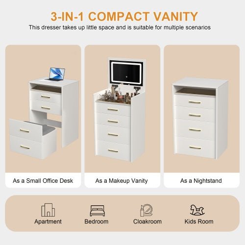 3 In 1 Vanity Desk With Open Top Mirror,Small Make Up Vanity Set With Visible Glass Desktop,Compact Makeup Vanity With 3 Drawers,Dressing Table For Bedroom - Noventis Home