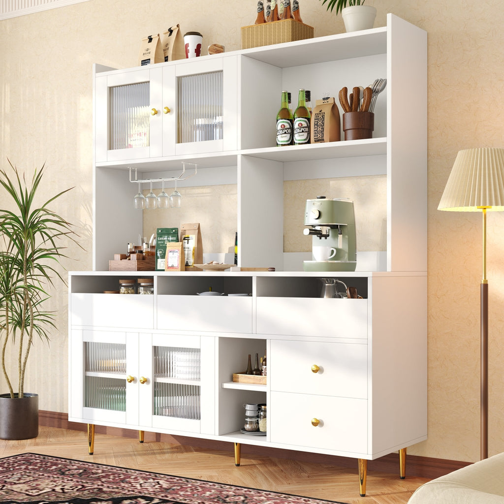 Multifunctionele Opbergkast 145x39x171 cm, Modern Design, met Changhong Glazen Deur, Wijnglashouder, Meerdere Opberglagen, Wit met Gouden Decoratie, voor Thuis en Restaurant - Noventis Home