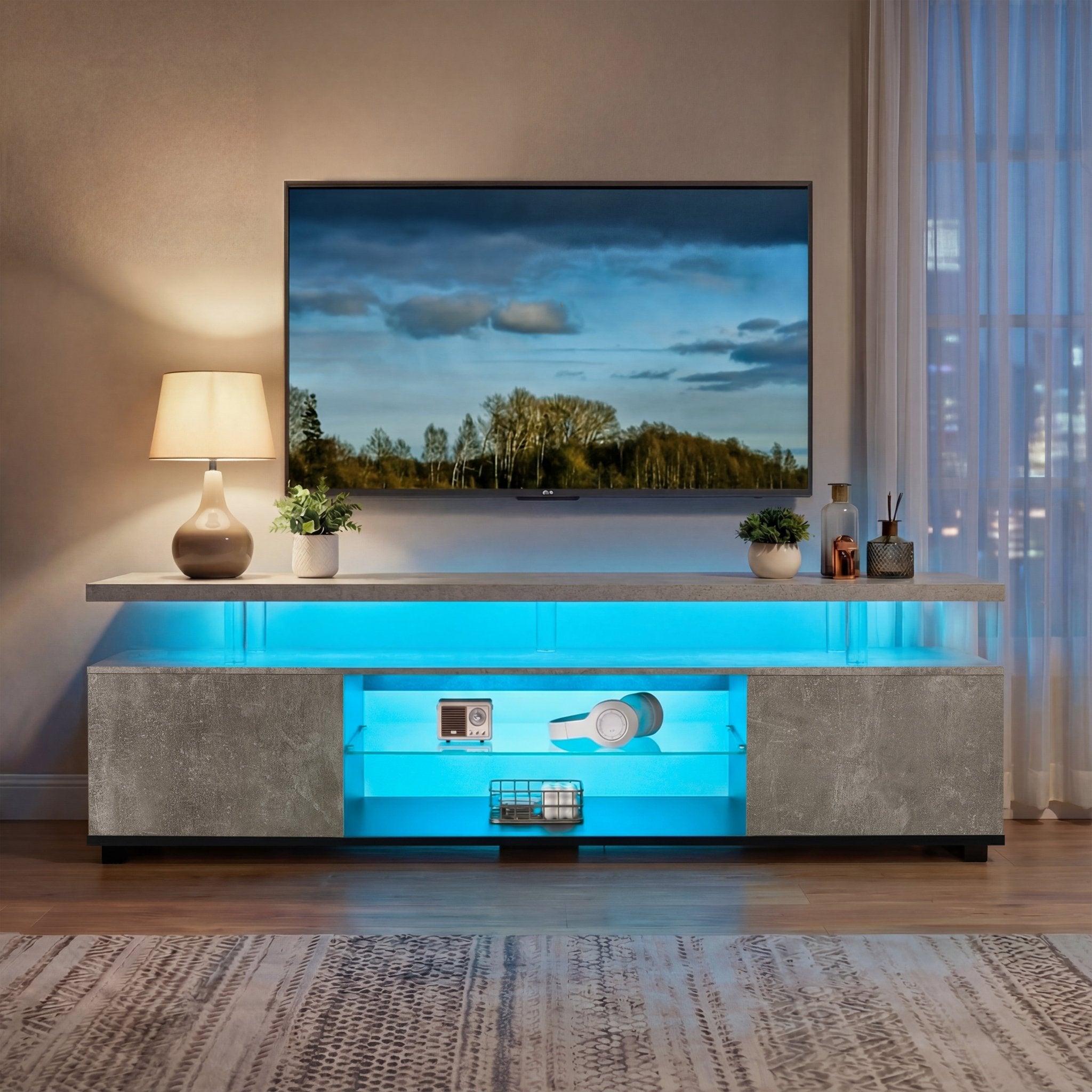 TV Stand For 70 Inch TV LED Gaming Entertainment Center Media Storage Console Table With Large Side Cabinet For Living Room Gray - Noventis Home