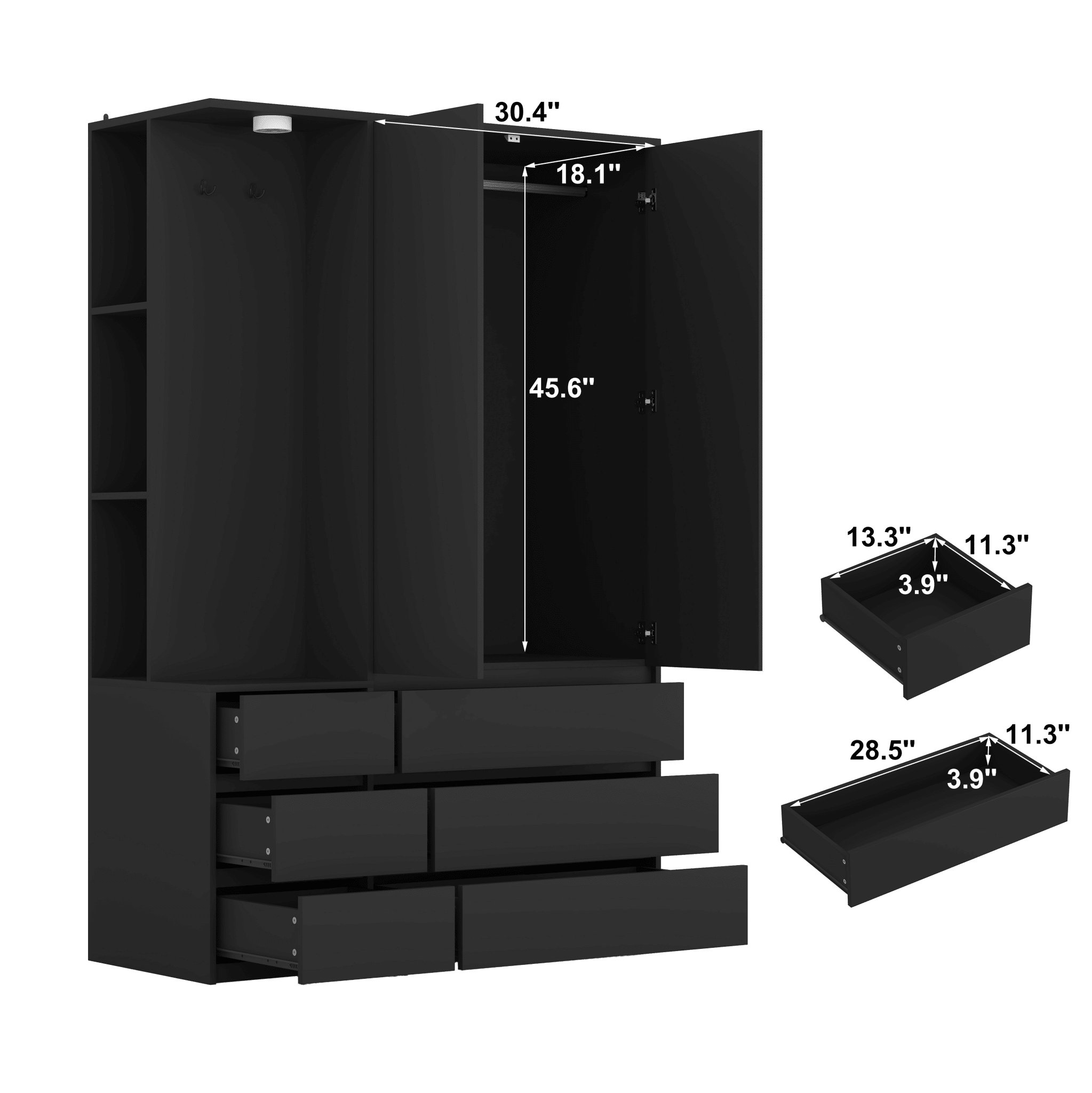 Kledingkast 182cm Hoog, 2 Deuren, 6 Lades, Opbergplanken en Kledingstang, Zwart - Noventis Home