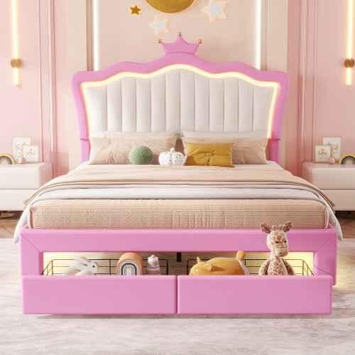 Gestoffeerd Tweepersoonsbed met LED - verlichting, Modern Prinsessenbed met Kroonhoofdsteun en 2 Lades, Roze + Wit - Noventis Home