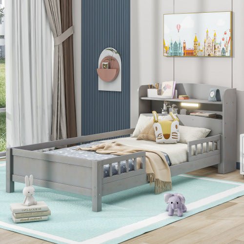 Wood Twin Size Platform Bed With Built - in LED Light, Storage Headboard And Guardrail, Antique Grey - Noventis Home