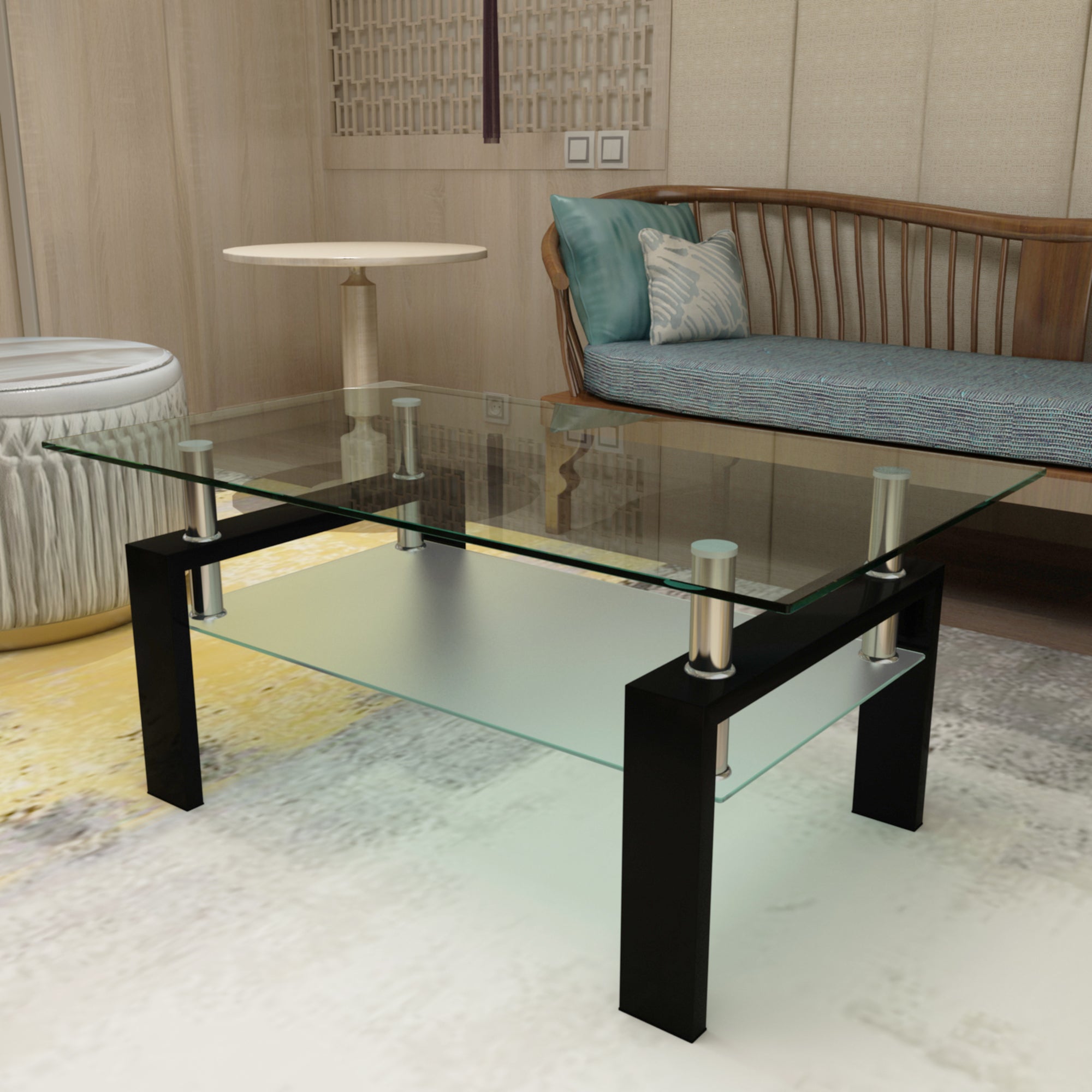 Rechthoekige Glazen Salontafel, Transparant Glas, Moderne Woonkamertafel, Zwart