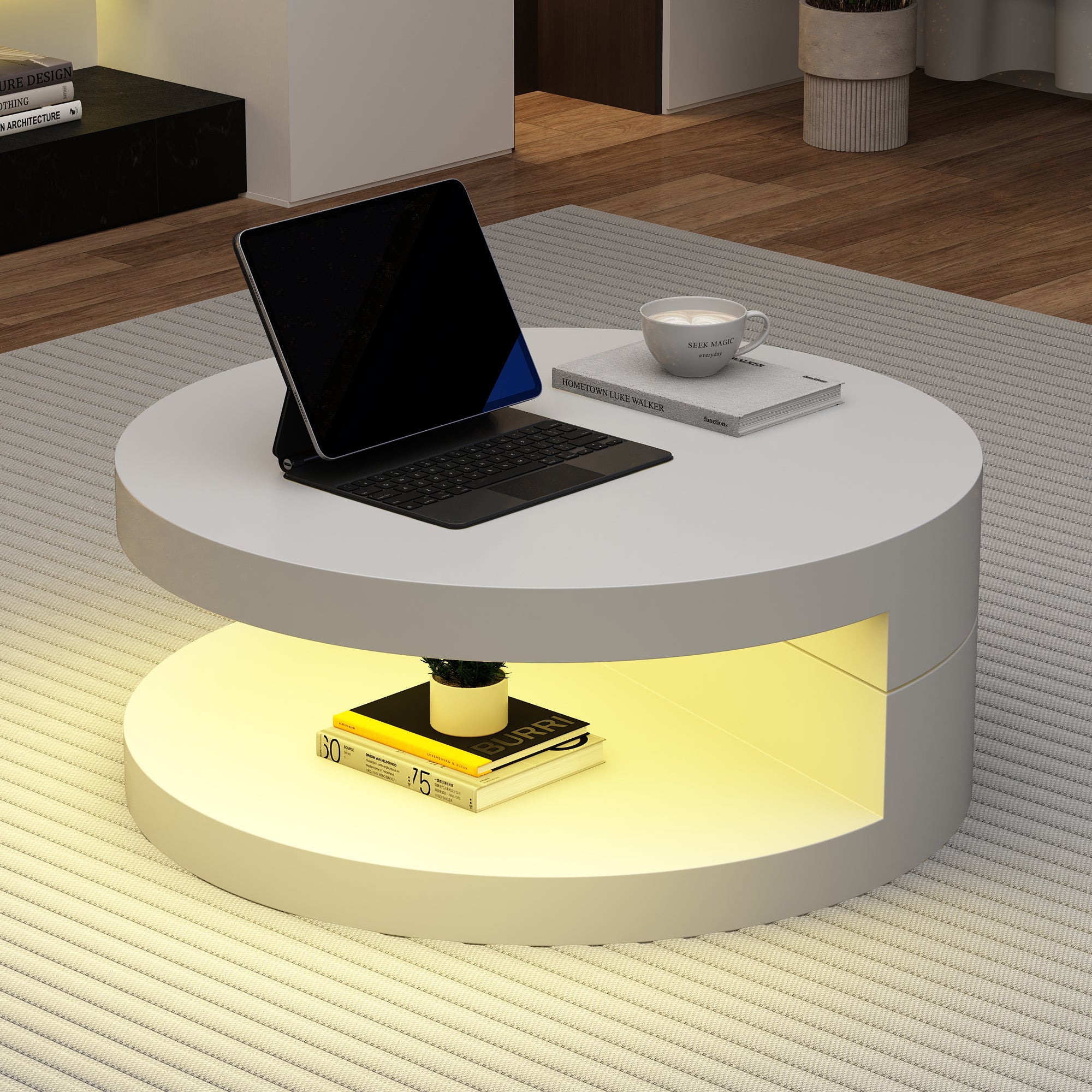Ronde Draaibare Salontafel met LED-verlichting, 360° Draaibaar Tafelblad, Dubbele Laag, 70x70x35,5cm, MDF, Wit