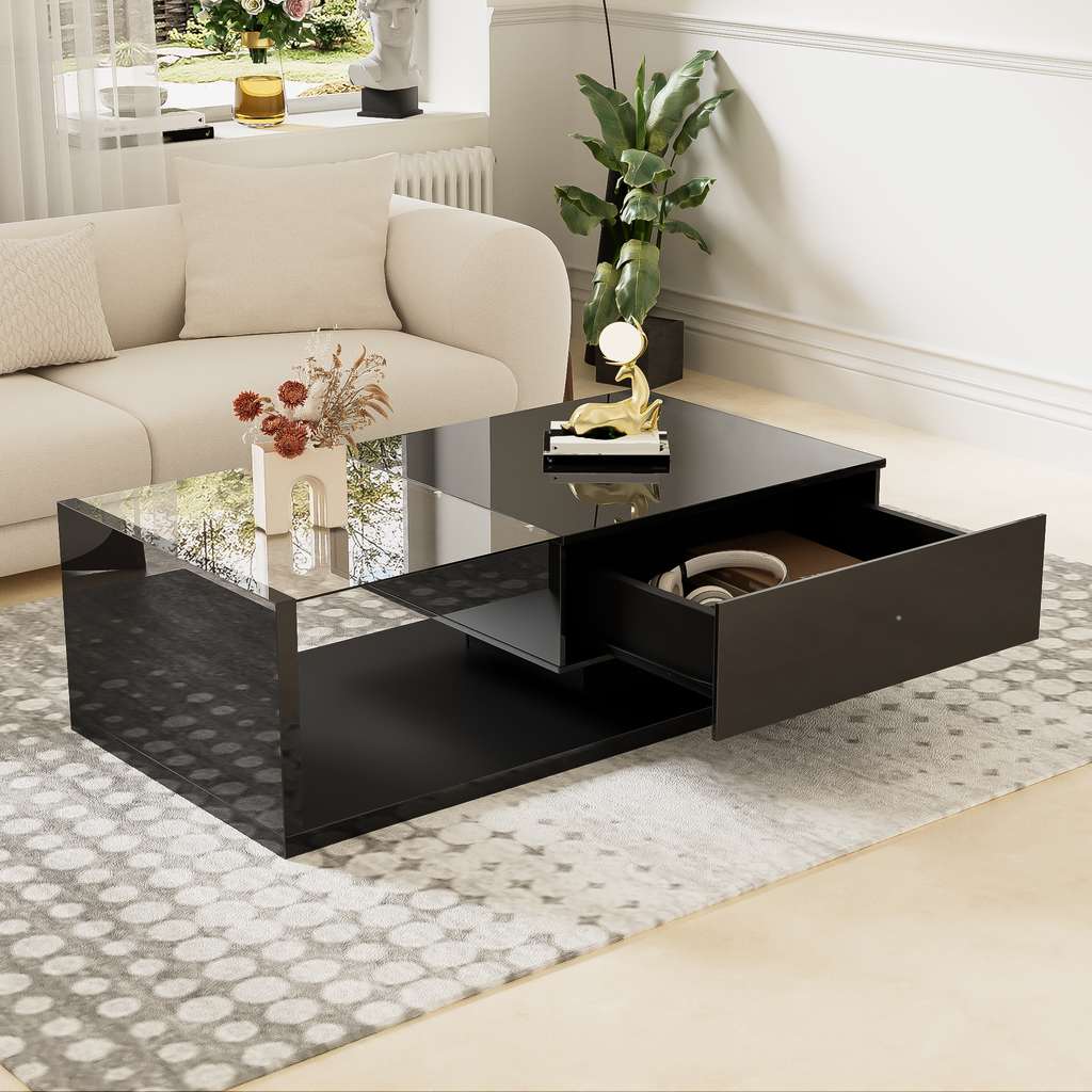 Salontafel Hoogglans Zwart met Glas en LED-verlichting, 105x55x32,5 cm