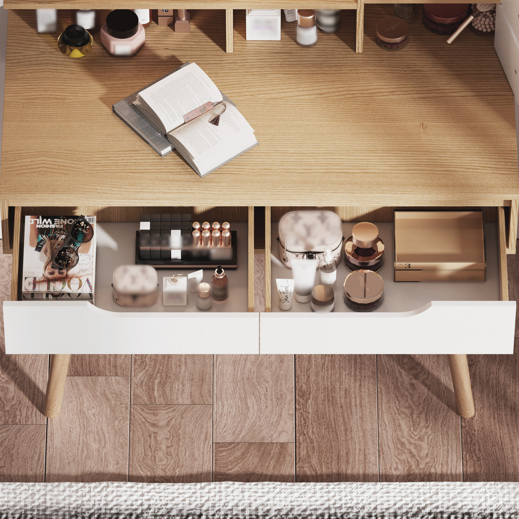 Make - up Kaptafel met 3 - delige Verstelbare Verlichte Spiegel, 4 Lades en 3 Open Planken, Massief Houten Poten, voor Kleine Slaapkamer - Noventis Home