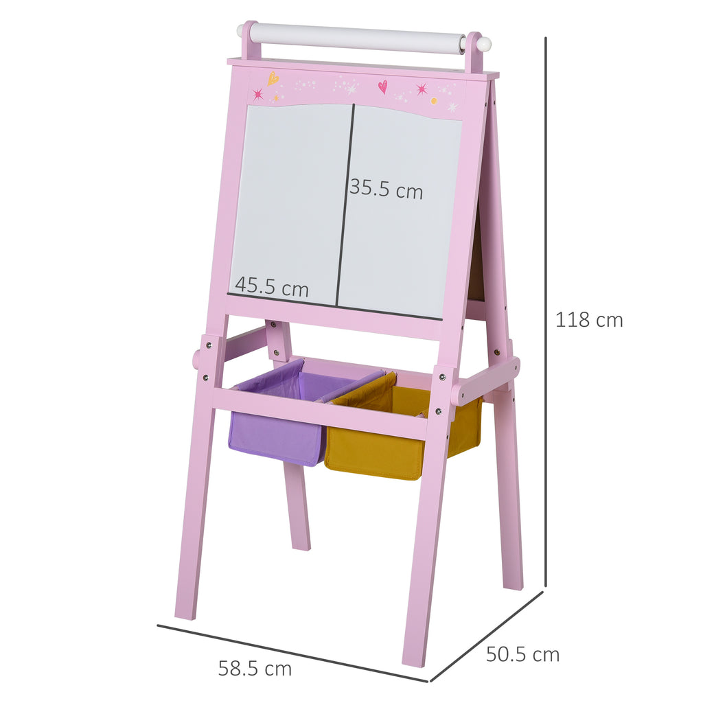 Kinder Schildersezel 3-in-1, Houten Tekenbord met Krijtbord, Whiteboard en Papierrol, Opbergmandjes, Roze