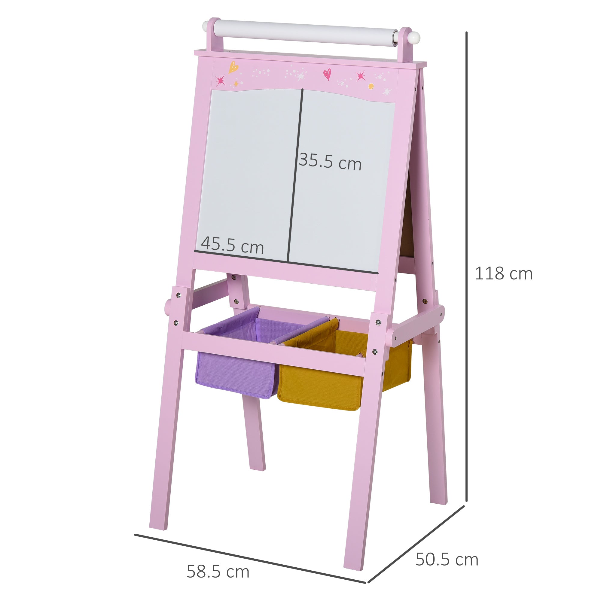 Kinder Schildersezel 3-in-1, Houten Tekenbord met Krijtbord, Whiteboard en Papierrol, Opbergmandjes, Roze