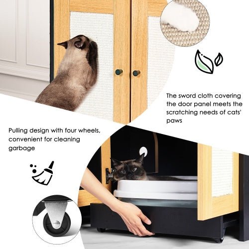 Double Litter Box Enclosure,Cat Litter Box Enclosure For 2 Cats, Hidden Litter Box Furniture With Rattan Doors, 47 L X 19.8 W X 21.8 H,Black - Noventis Home