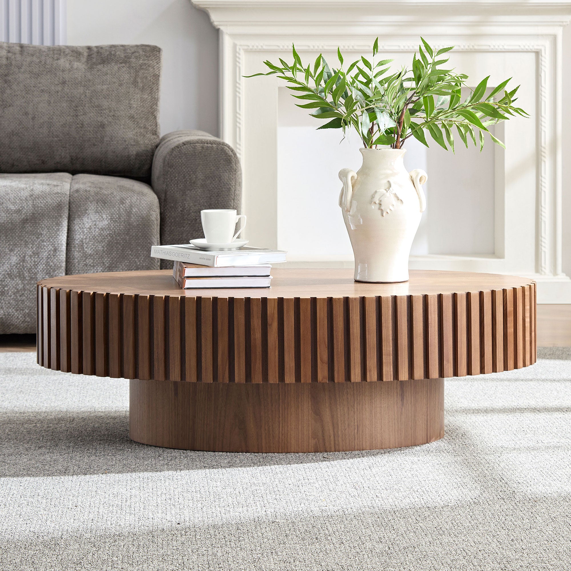 Modern Handcraft Drum Coffee Table Length 43.7 Inch Ellipse Coffee Table For Living Room,Oval Small Coffee Table With Sturdy Pedestal,Walnut MDF - Noventis Home