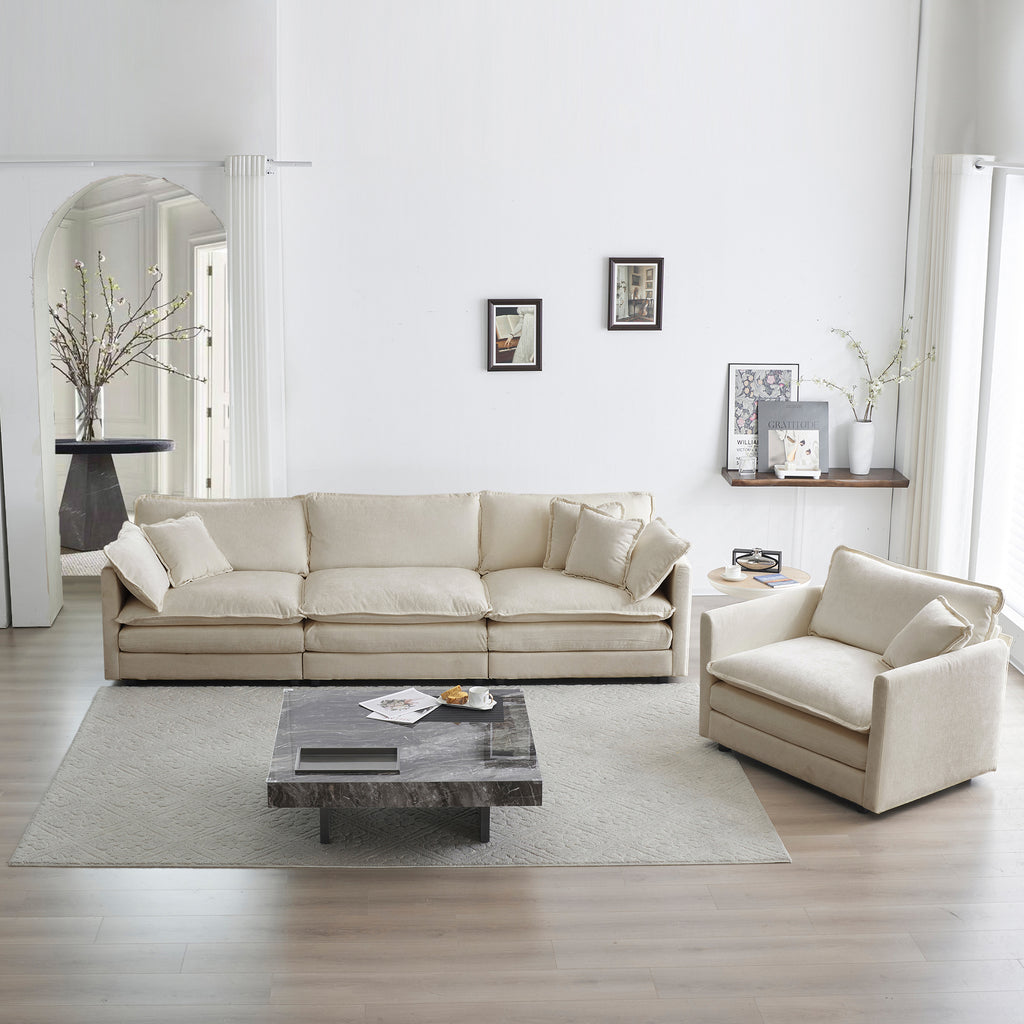 2-delige Gestoffeerde Bankenset, Moderne Hoekbank voor Woonkamer, 1+3 Zitter, Beige Chenille