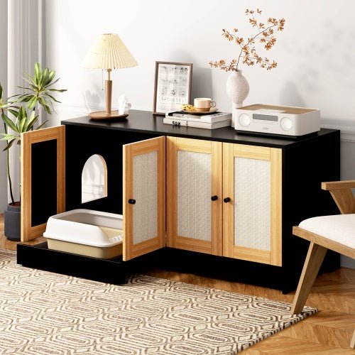Double Litter Box Enclosure,Cat Litter Box Enclosure For 2 Cats, Hidden Litter Box Furniture With Rattan Doors, 47 L X 19.8 W X 21.8 H,Black - Noventis Home