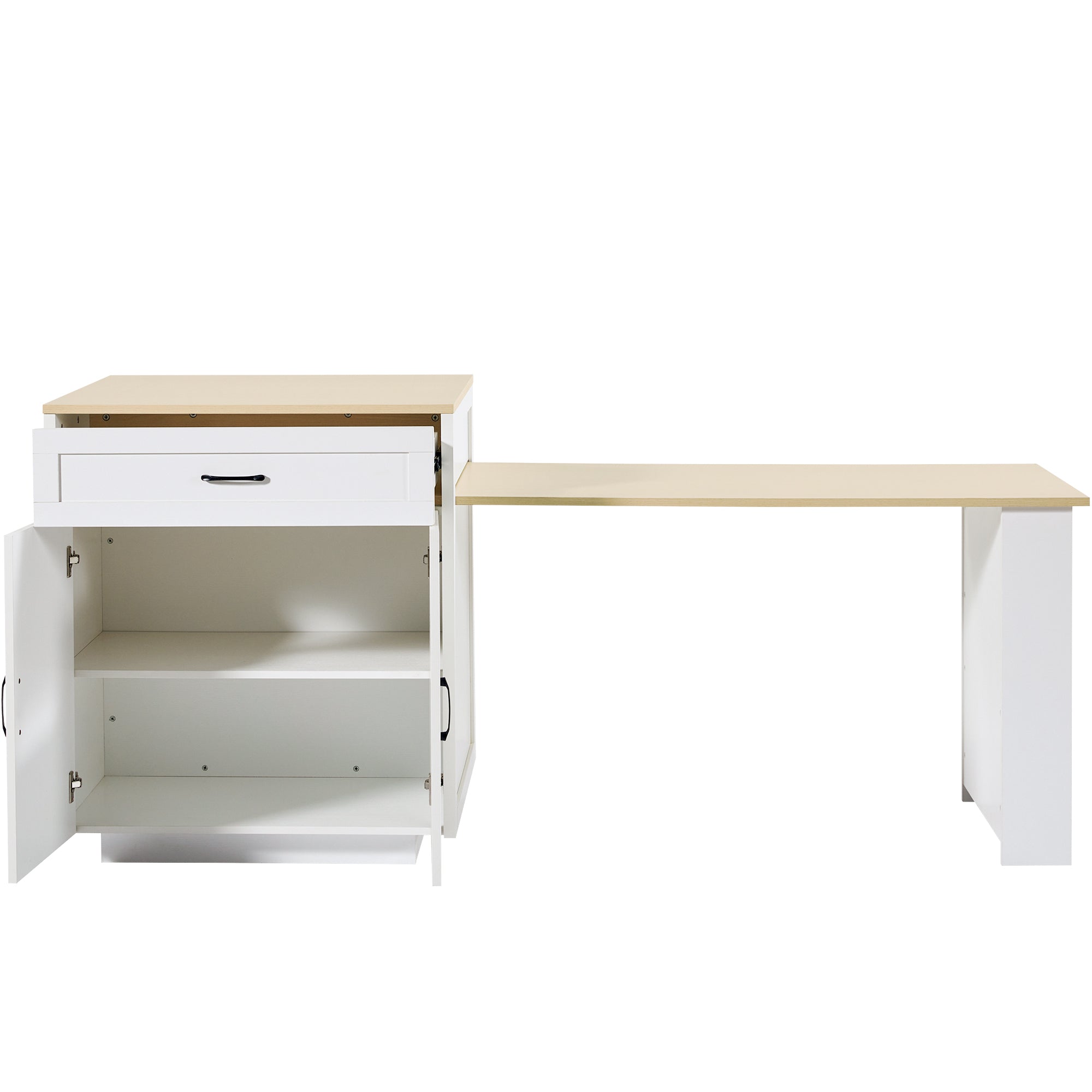 Extendable Bar Table With Storage 133 - 202 X 70 X 93.5 Cm With Two Drawers And Four Compartments, Expandable Kitchen Island Table For 2 - 6 People, Kitchen Dining Cart With Side Shelves, White. - Noventis Home
