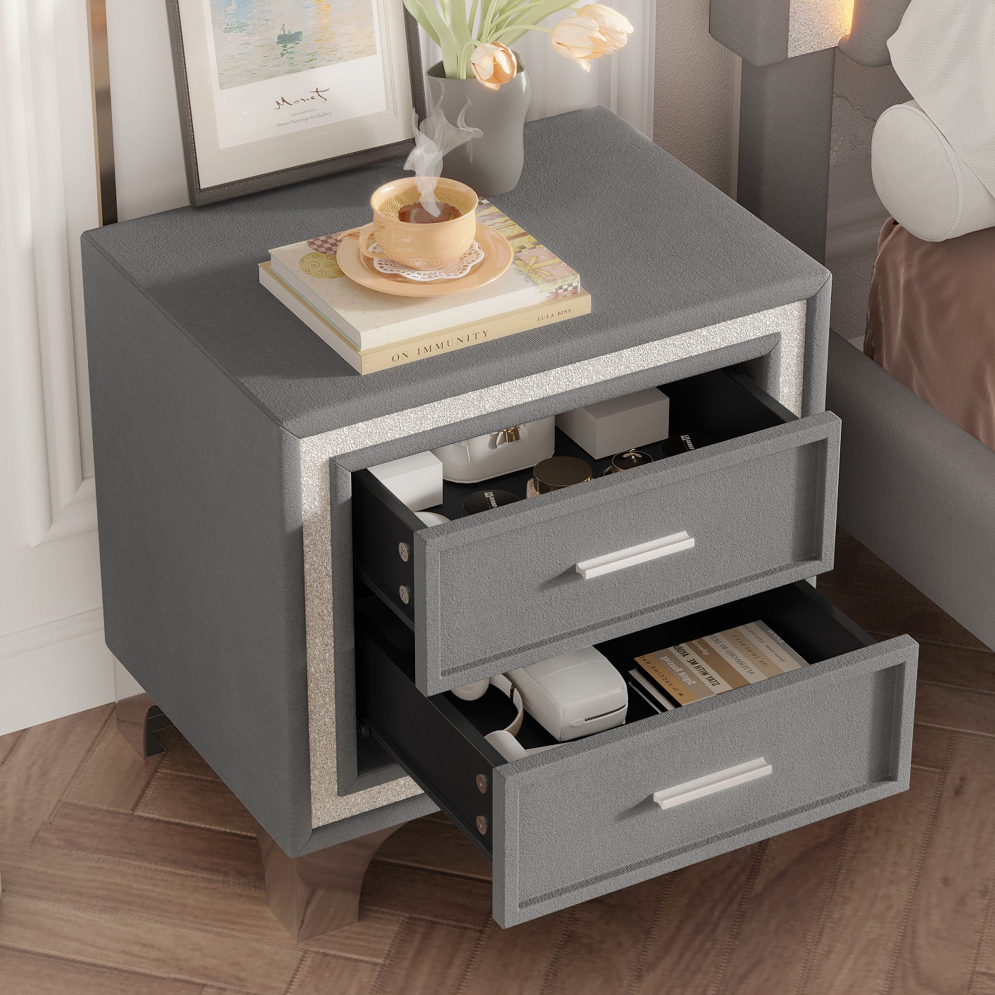 Mid Century Vintage Nightstand With Silver Glitter Strip Decor And Metal Legs, Velvet Bedside Table With 2 Drawers, Fully Assembled Except Legs And Handles, Gray - Noventis Home
