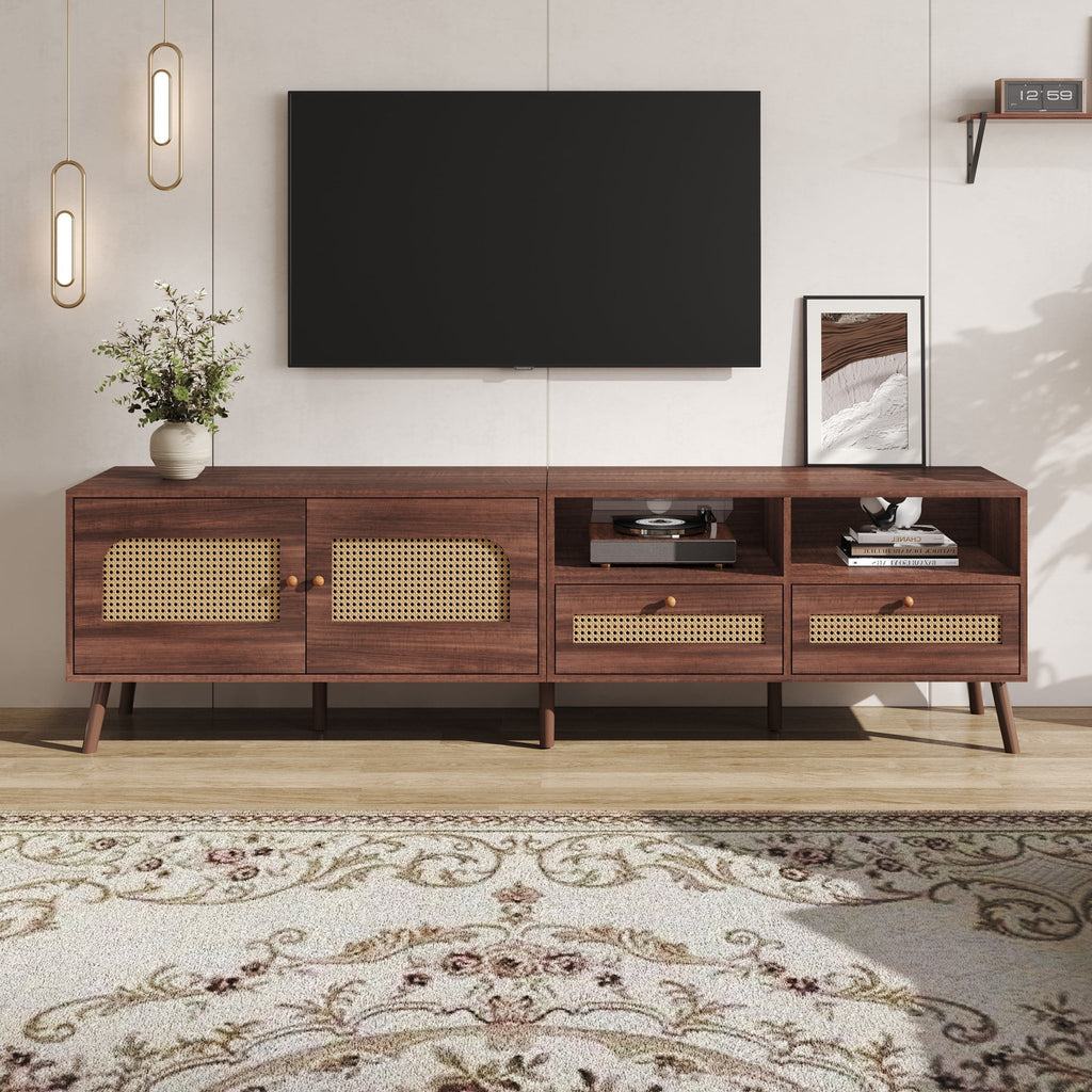 TV Stand Cabient With 2 Drawers, 2 Doors, Rattan Design, TV Cabinet Sideboard, TV Entertainment Center For Livingroom Bedroom, TV Console, 200x37x49.5cm, Dark Wood, For Up To 90 Inch TV - Noventis Home