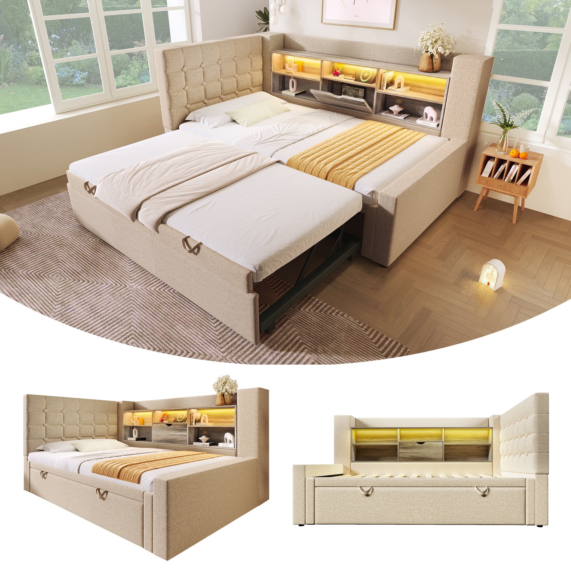 Daybed Upholstered Bed 90 X 190 Cm, 3FT Single Sofa Bed With Storage, USB &Type C Charging Station, Pull Out Trundle For Living Room And Bedroom, Linen, Beige No Mattress - Noventis Home