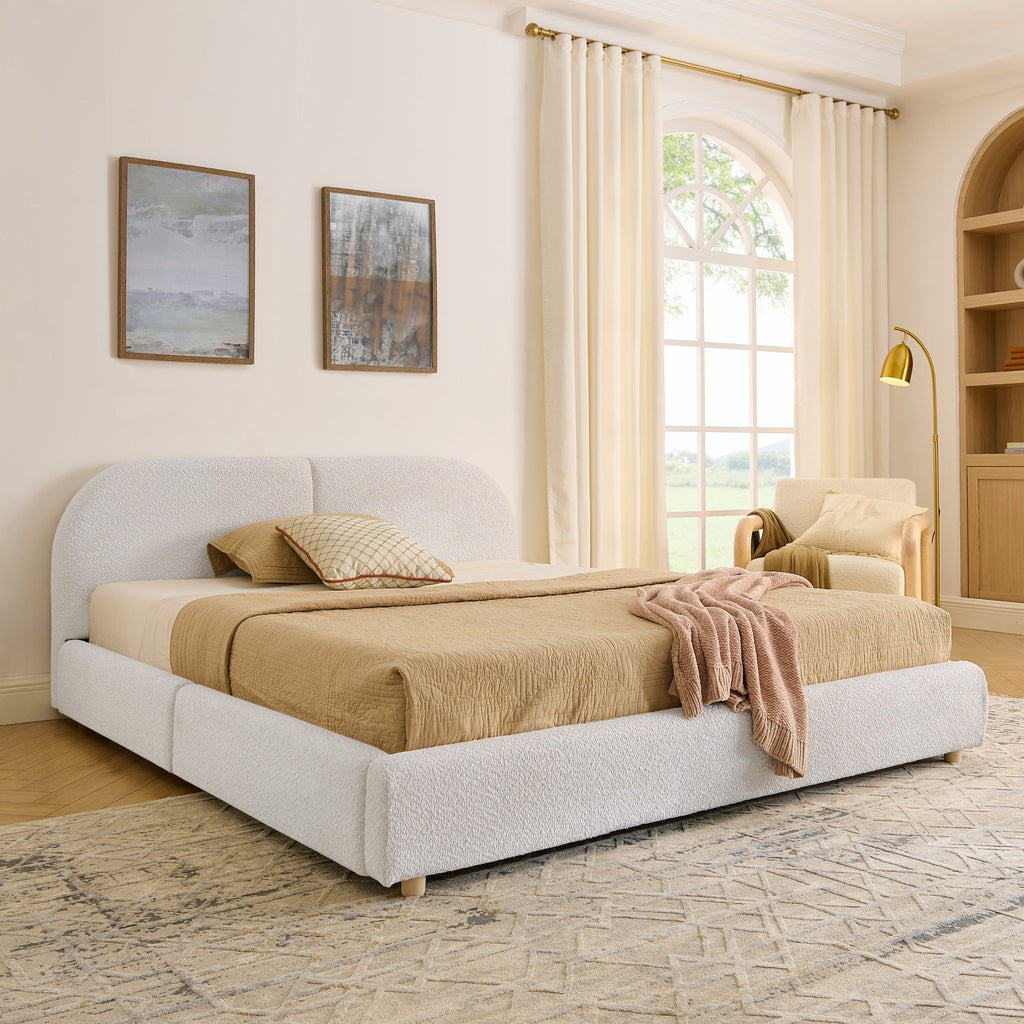 Queen Size Upholstered Bed Frame Modern Minimalist Style - Circle Yarn Fabric, Tall Curved Headboard, Sturdy Leg Support & Wheeled Drawer Storage, Mattress Not Included - Beige - Noventis Home