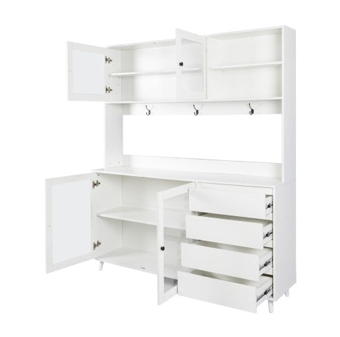 Grote Keukenkast 160 cm, Vrijstaande Voorraadkast met 4 Deuren, 4 Lades en Magnetronplank, Wit