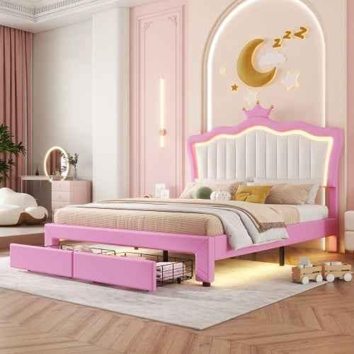Gestoffeerd Tweepersoonsbed met LED - verlichting, Modern Prinsessenbed met Kroonhoofdsteun en 2 Lades, Roze + Wit - Noventis Home