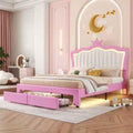 Gestoffeerd Tweepersoonsbed met LED - verlichting, Modern Prinsessenbed met Kroonhoofdsteun en 2 Lades, Roze + Wit - Noventis Home