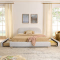 Queen Size Upholstered Bed Frame Modern Minimalist Style - Circle Yarn Fabric, Tall Curved Headboard, Sturdy Leg Support & Wheeled Drawer Storage, Mattress Not Included - Beige - Noventis Home