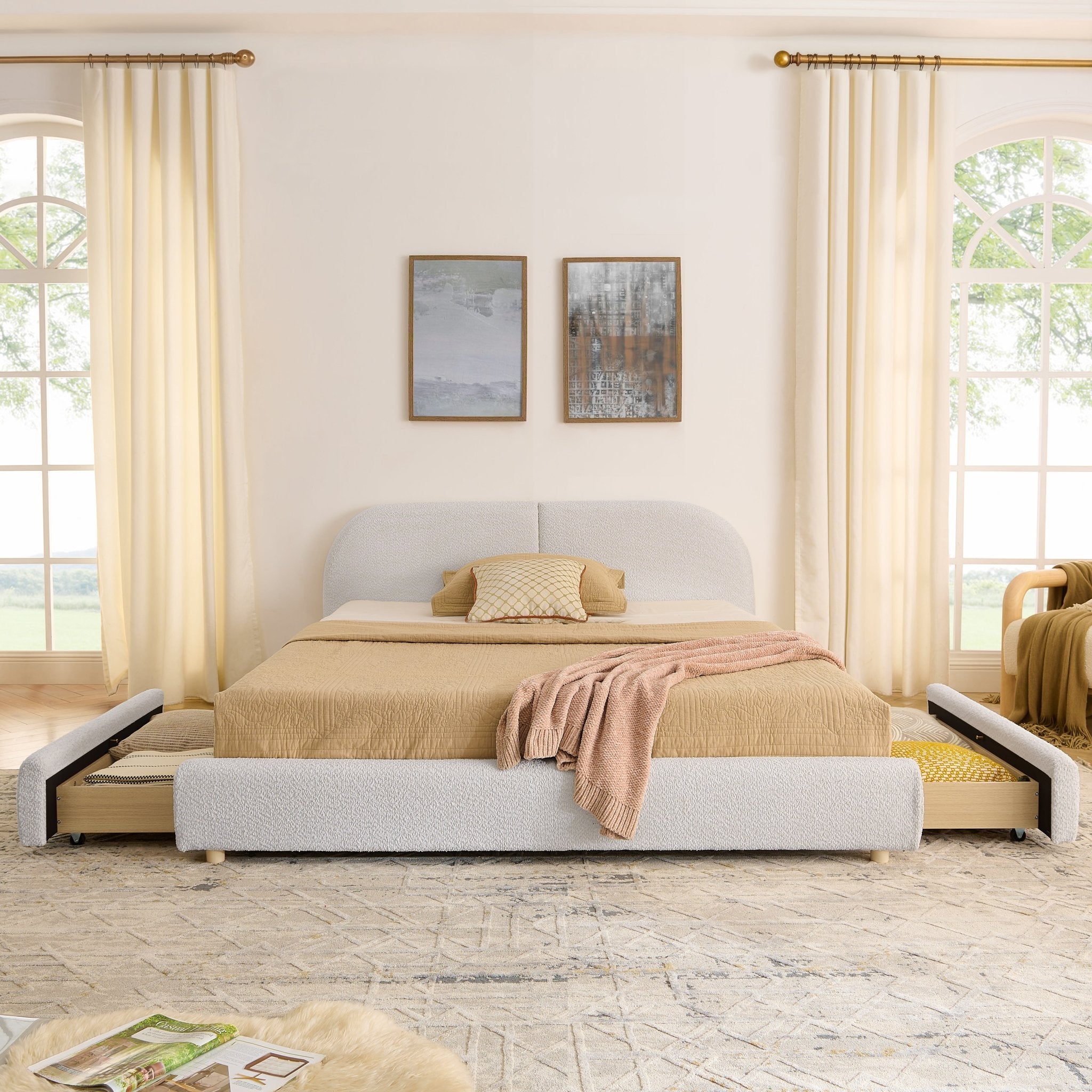 Queen Size Upholstered Bed Frame Modern Minimalist Style - Circle Yarn Fabric, Tall Curved Headboard, Sturdy Leg Support & Wheeled Drawer Storage, Mattress Not Included - Beige - Noventis Home