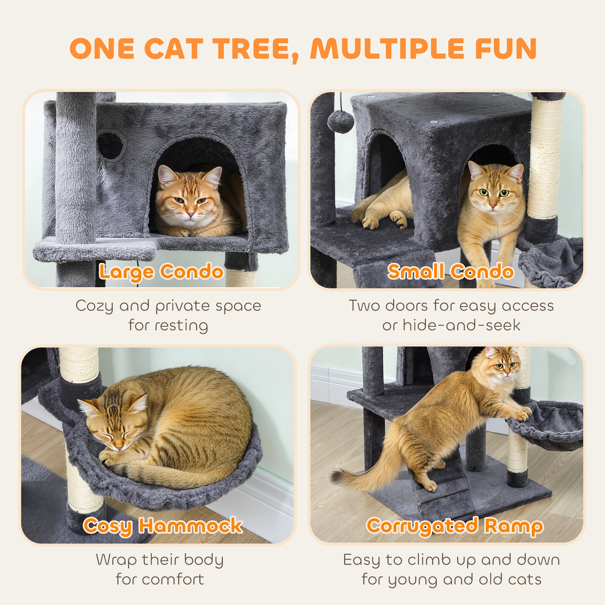 PawHut 140cm Large Cat Tree Tower With Sisal Scratching Posts, Cat Houses, Plush Perches, Hammock, Ladder, Dark Grey - Noventis Home
