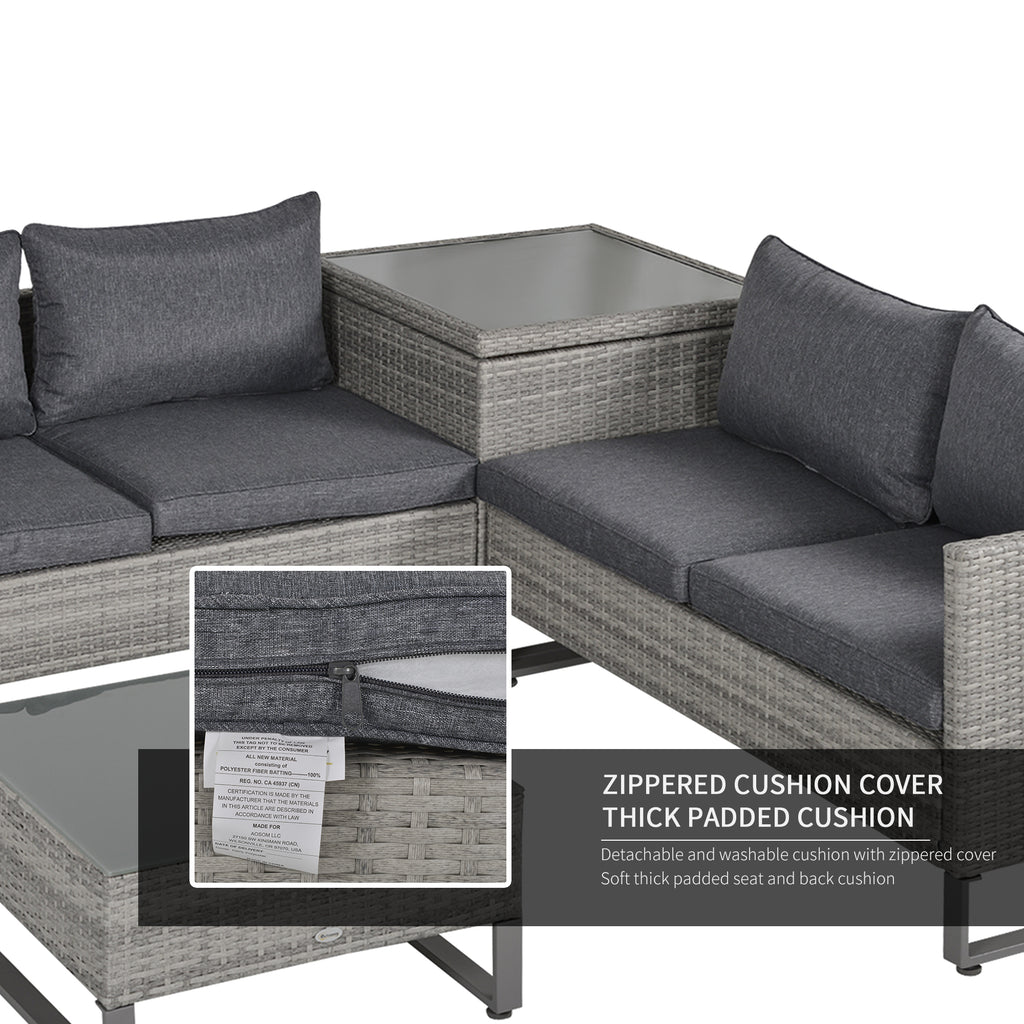 4 Pieces Rattan Garden Furniture Set, 4 Seater Garden Sofa Set With Storage Box, Loveseats And Glass Top Table, Wicker Outdoor Conservatory Furniture With Cushions For Outdoor, Patio, Grey - Noventis Home
