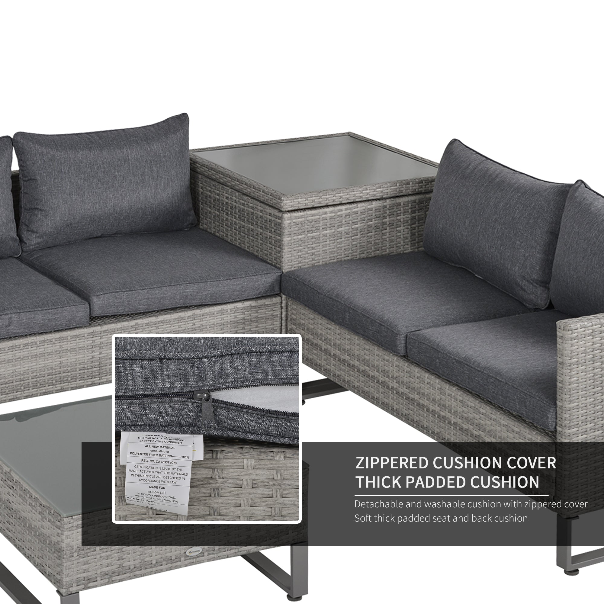 4 Pieces Rattan Garden Furniture Set, 4 Seater Garden Sofa Set With Storage Box, Loveseats And Glass Top Table, Wicker Outdoor Conservatory Furniture With Cushions For Outdoor, Patio, Grey - Noventis Home