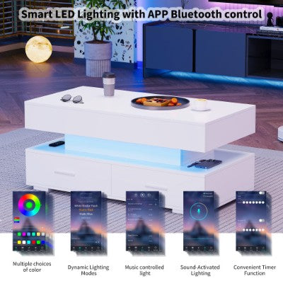 Salontafel met Hydraulisch Opklapbaar Blad en LED-verlichting, 2 Lades en Opbergruimte voor Woonkamer, Wit
