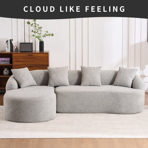 LY-022 Grijze Compressiebank met Chaise Longue en 3-zitter, Chenille Stof met Houtnerf, Inclusief 4 Kussens