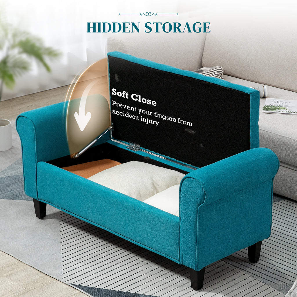 50 Inches Storage Ottoman, End of Bed Bench with Rolled Arms, Wood Legs, Button Tufted Storage Bench, Teal - Noventis Home