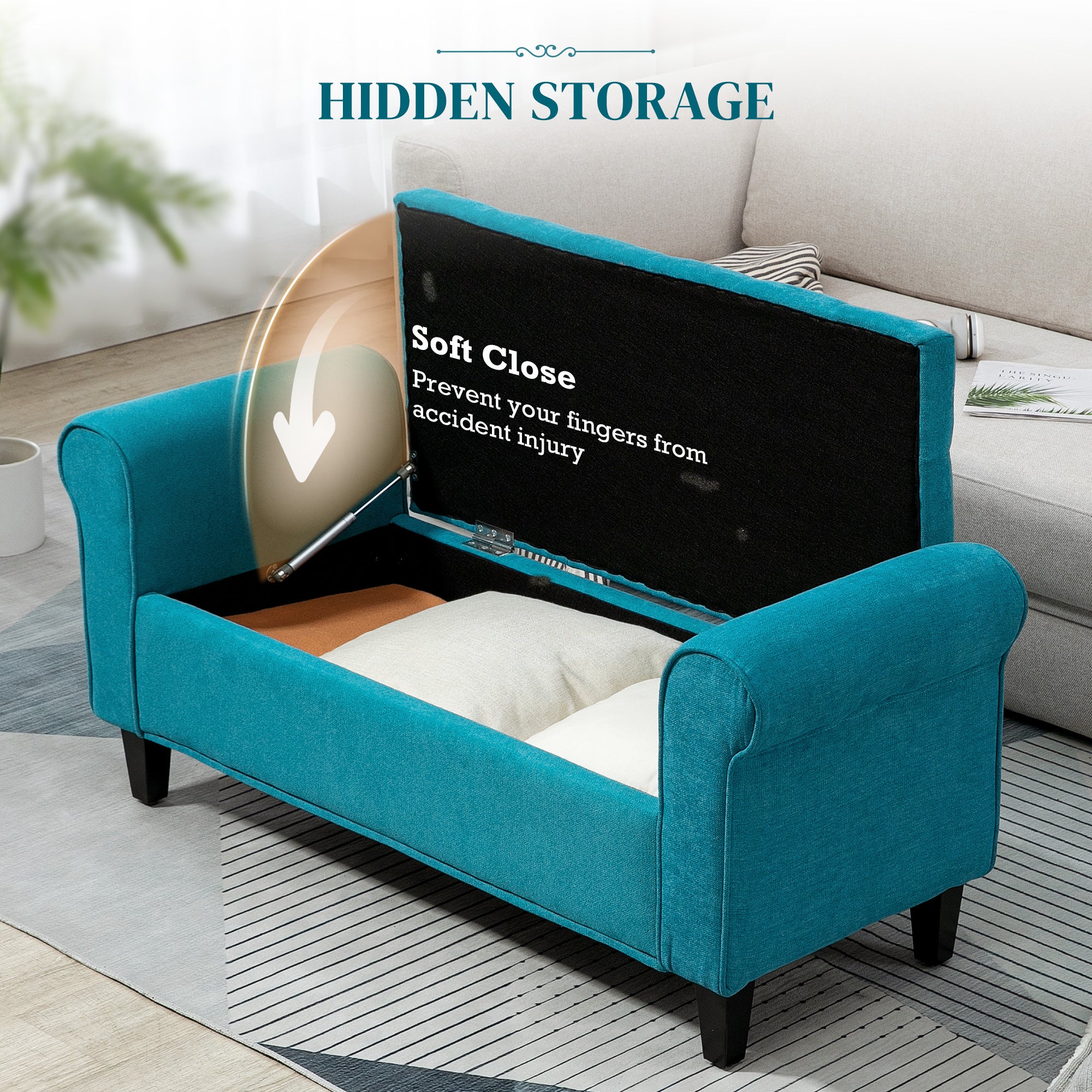 50 Inches Storage Ottoman, End of Bed Bench with Rolled Arms, Wood Legs, Button Tufted Storage Bench, Teal - Noventis Home