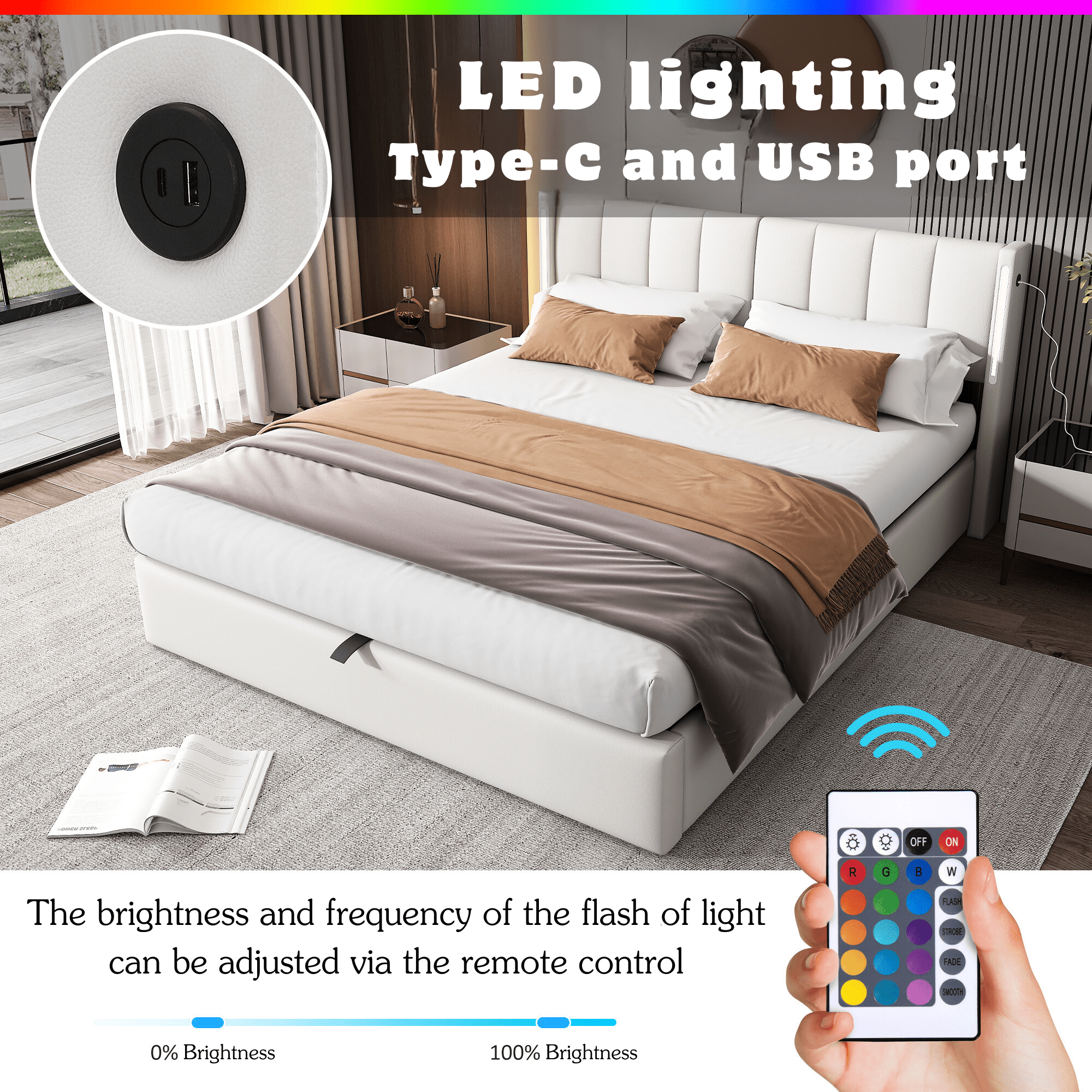 LED Upholstered Super King Size Bed - 6ft 180X200cm With Storage & Hydraulic Lift, USB Charging Ports, Adjustable Headboard & Lighting, PU , White - Noventis Home